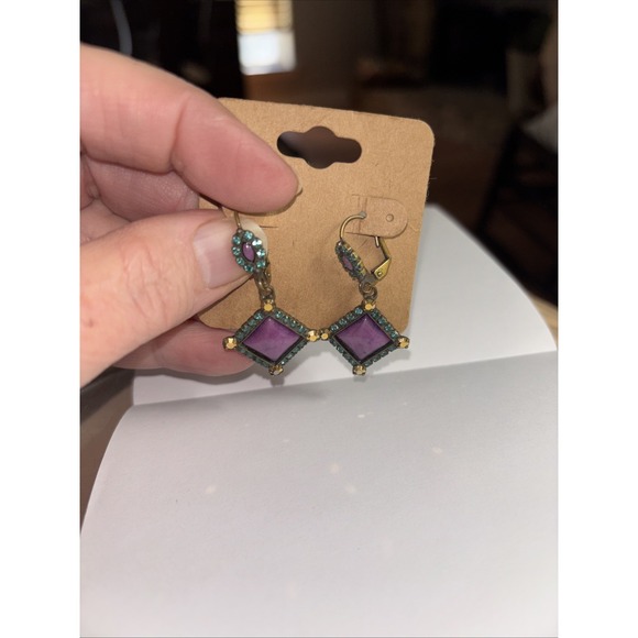 Vintage Sorrelli Purple & Teal Blue Dangle Earrings Gold Toned - Picture 1 of 5